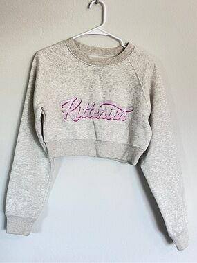 Kittenish Logo Cropped Sweatshirt, Heather Gray & Cream, Size M
